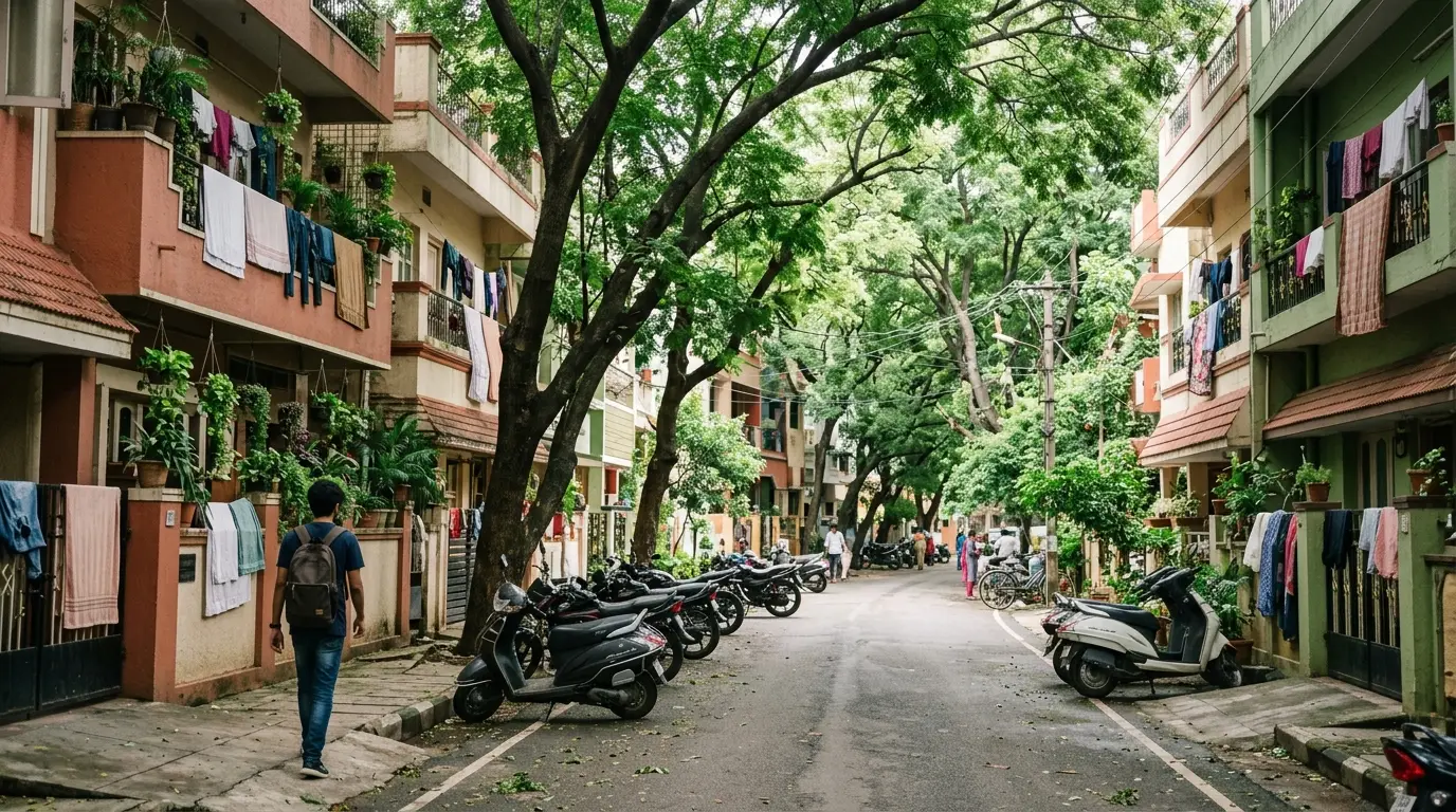 Leafy Bangalore residential street lined with houses converted into paying-guest accommodation