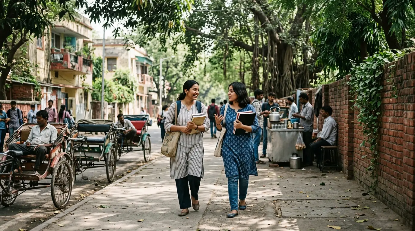 Two students walking with books along a tree-lined university district street in Delhi