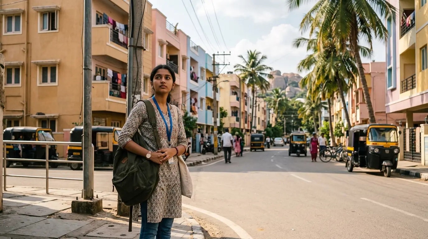 Student with a backpack pausing at a residential street corner in a Hyderabad neighbourhood