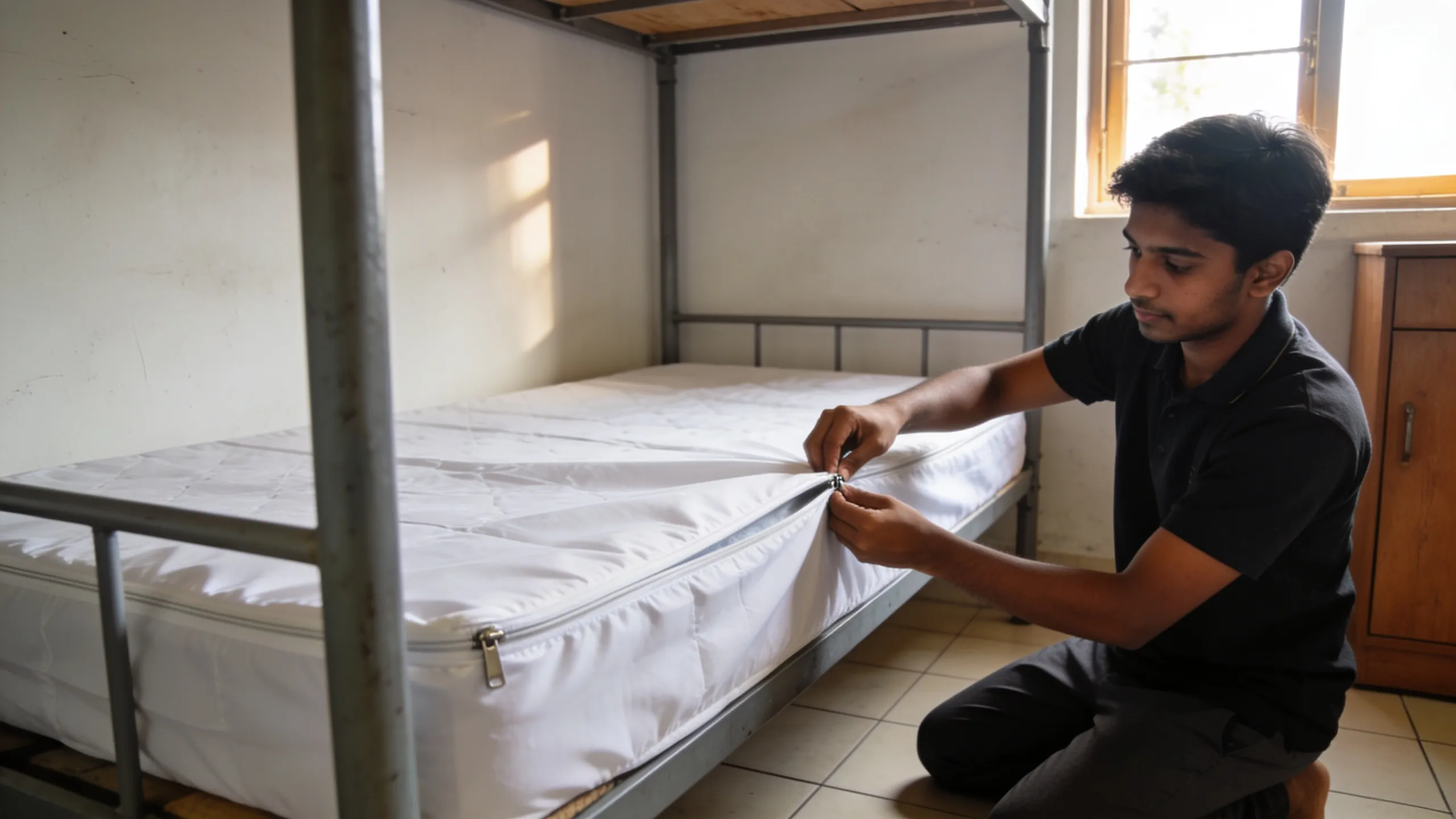 Hostel bed with mattress encasement being fitted by student in India