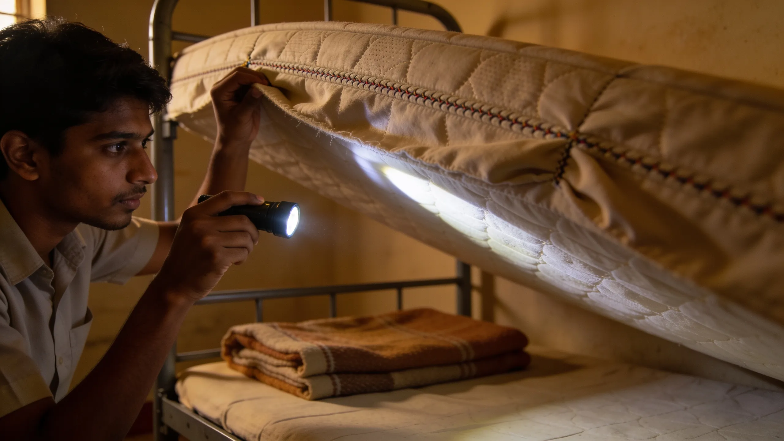 Student inspecting mattress seams for bed bugs with flashlight in hostel room