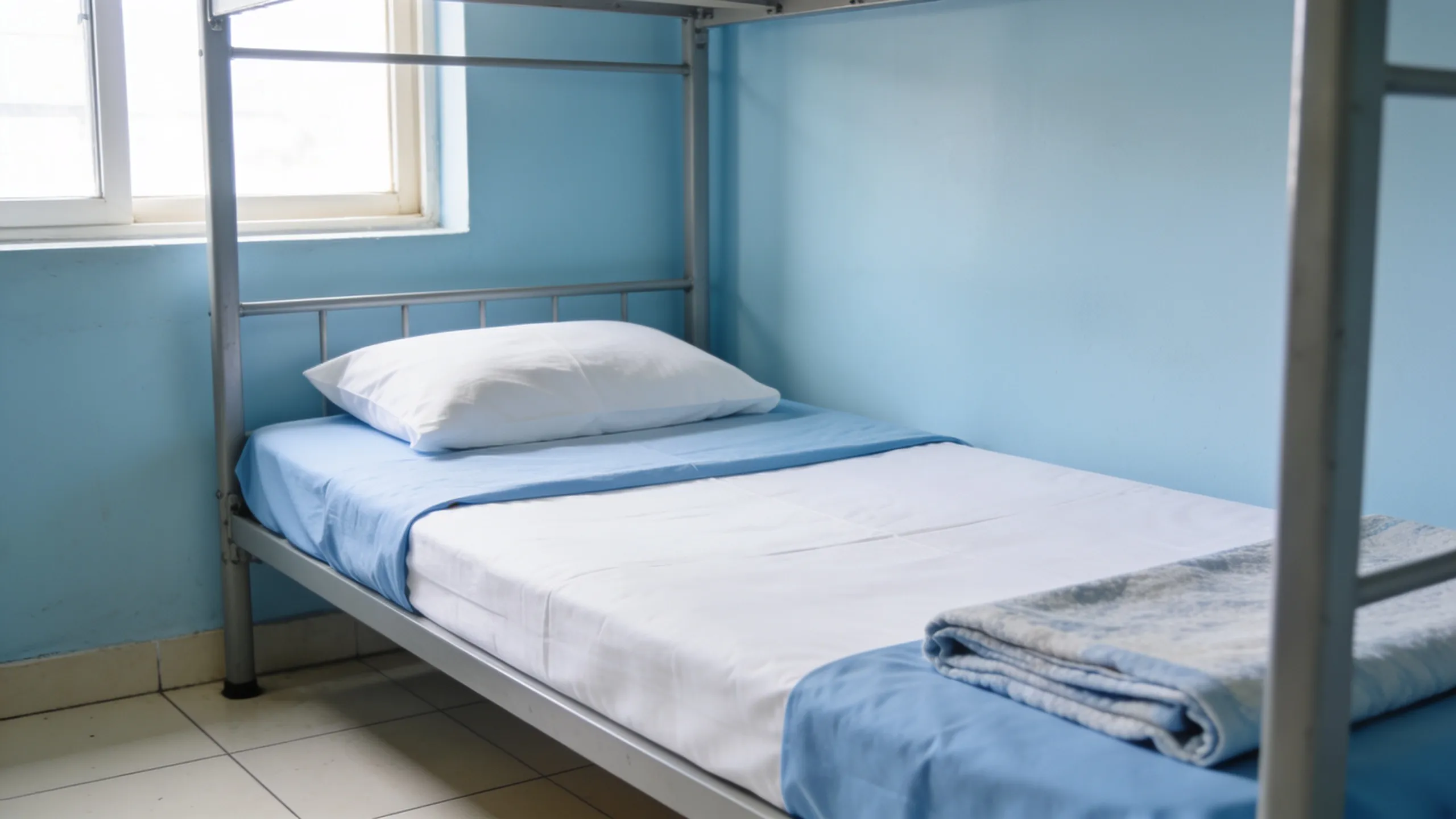 Clean hostel bed with mattress encasement and fresh bedsheet in India