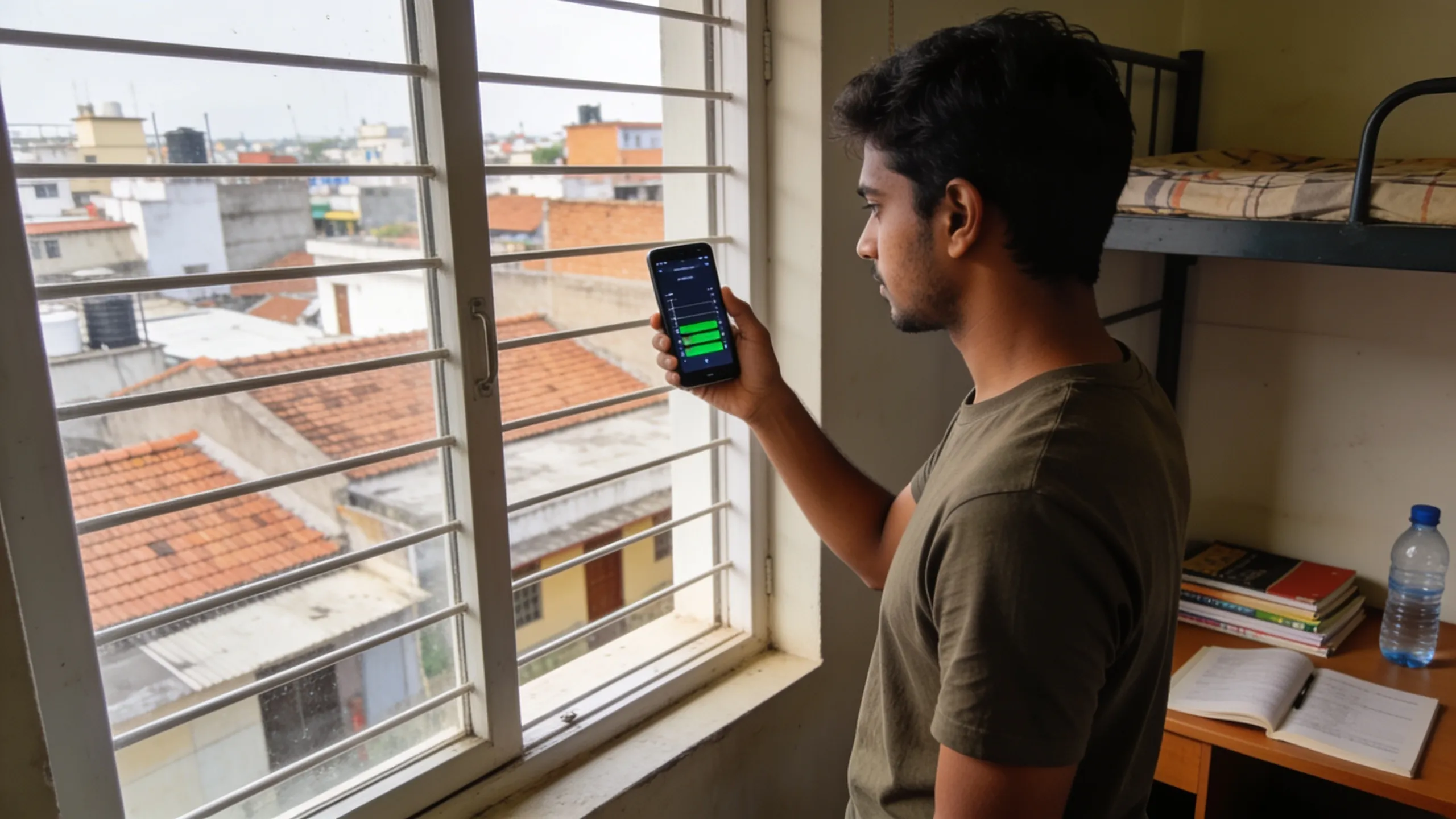 Student checking carrier coverage map on phone in hostel