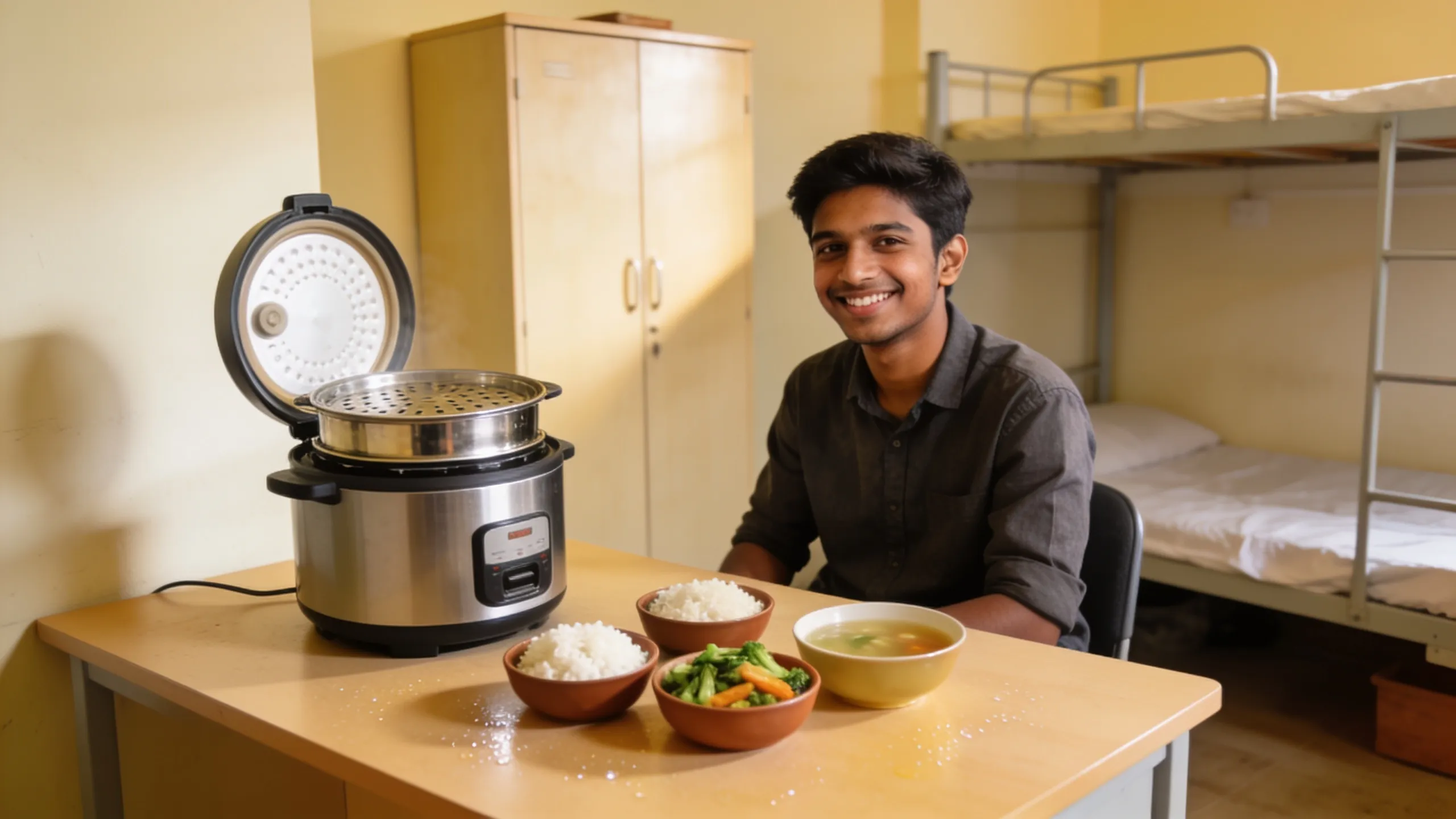 Multi-cooker with steamer tray and different hostel meals prepared in it