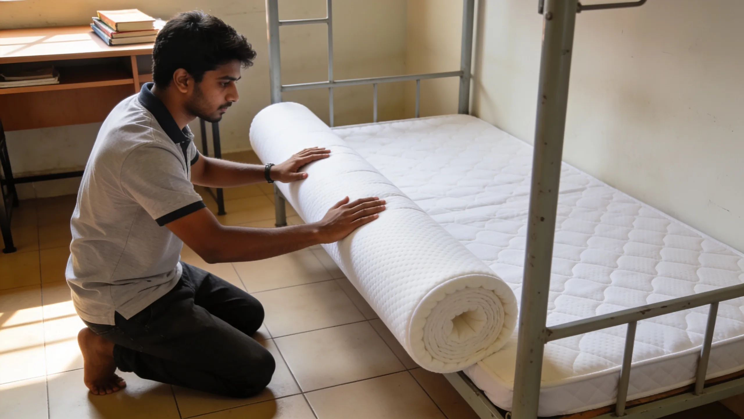 Student unrolling memory foam mattress topper on hostel bed in India