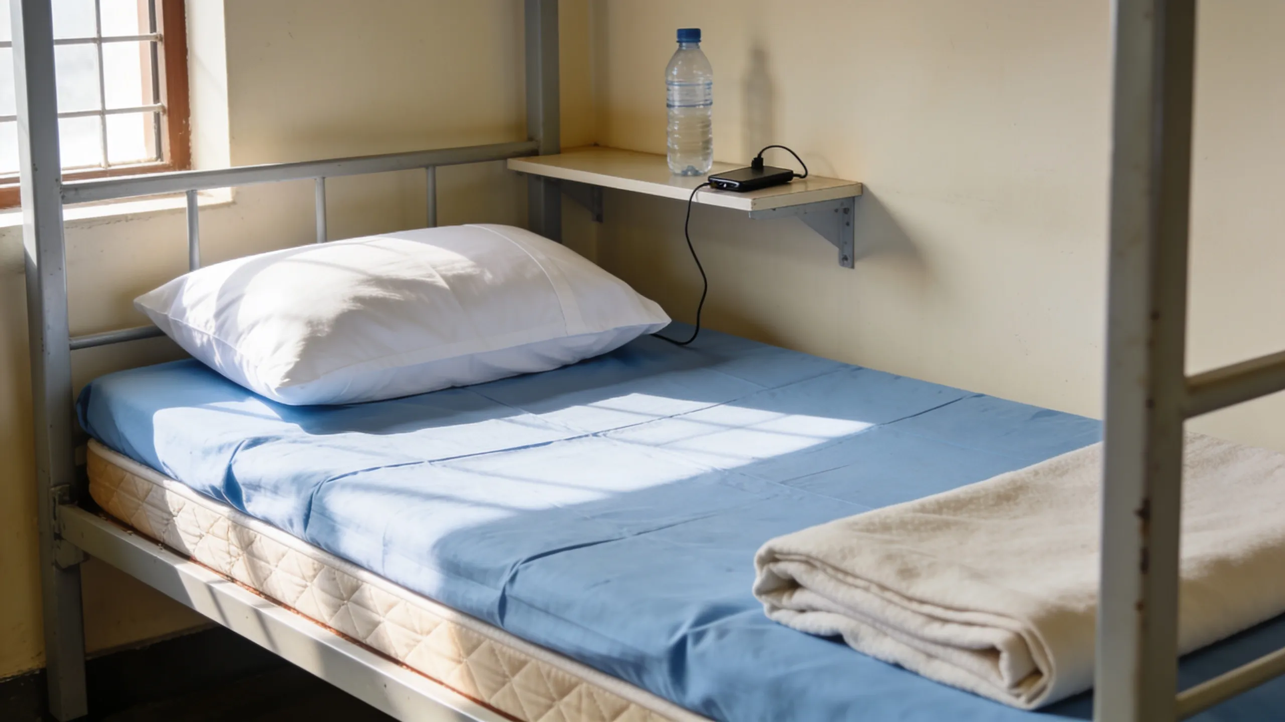 Well-made hostel bed with mattress topper, cotton bedsheet, and pillow in Indian college hostel