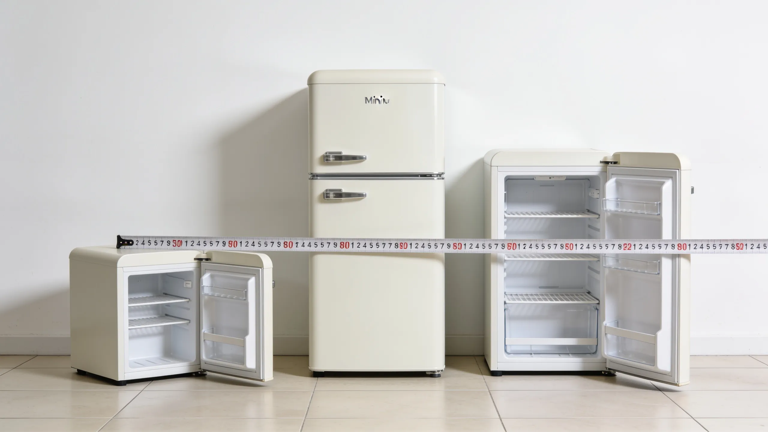 Comparison of mini fridges for hostel room showing size differences from 30L to 52L