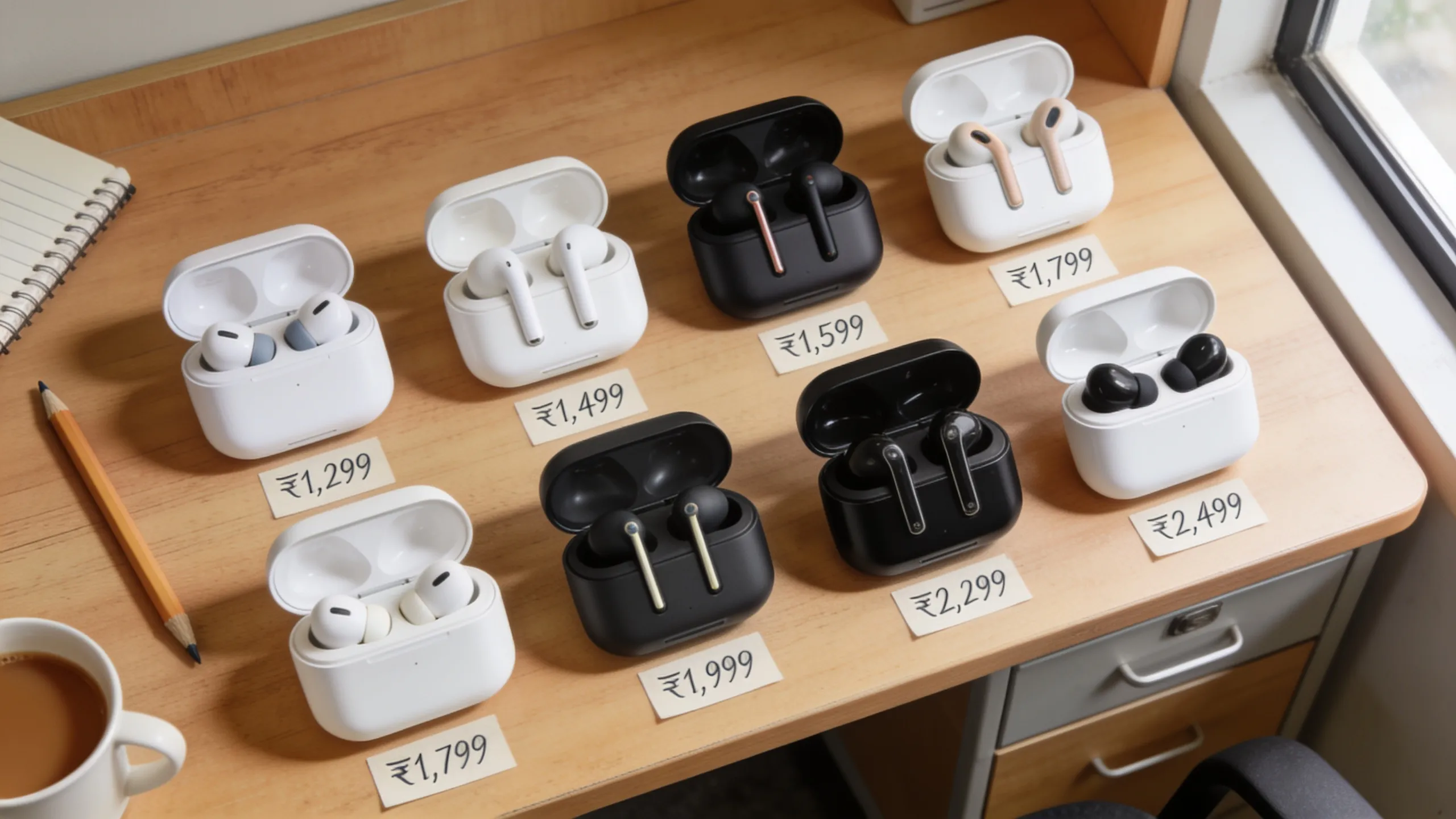Seven budget wireless earbuds laid out on hostel desk for comparison under two thousand rupees