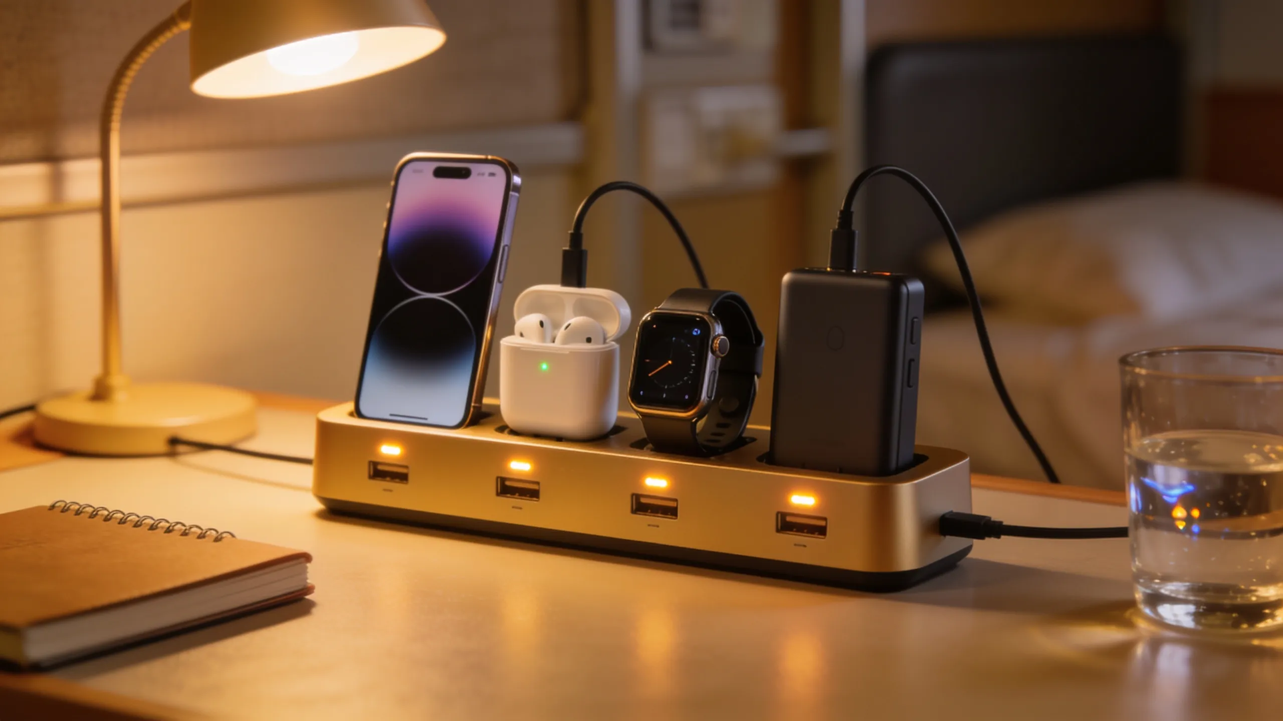 USB charging hub on hostel desk with multiple devices charging