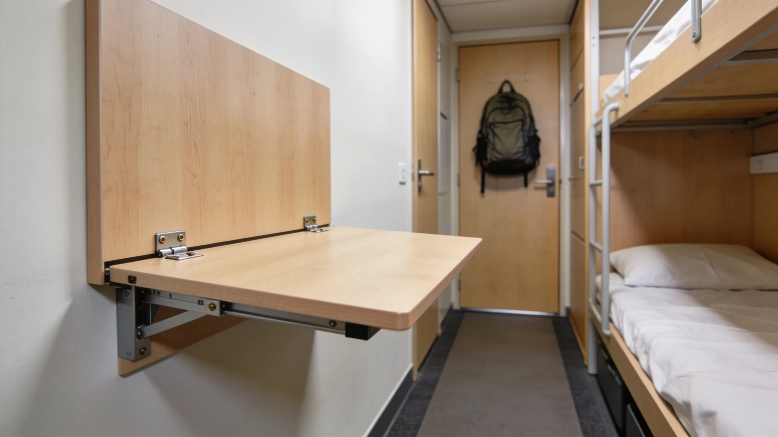 Wall-mounted fold-down study desk in compact hostel room saving floor space