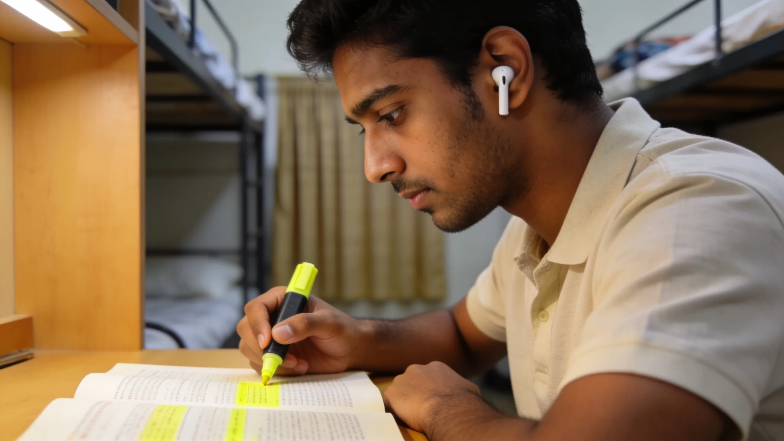 Student wearing noise-cancelling earbuds while studying in hostel room