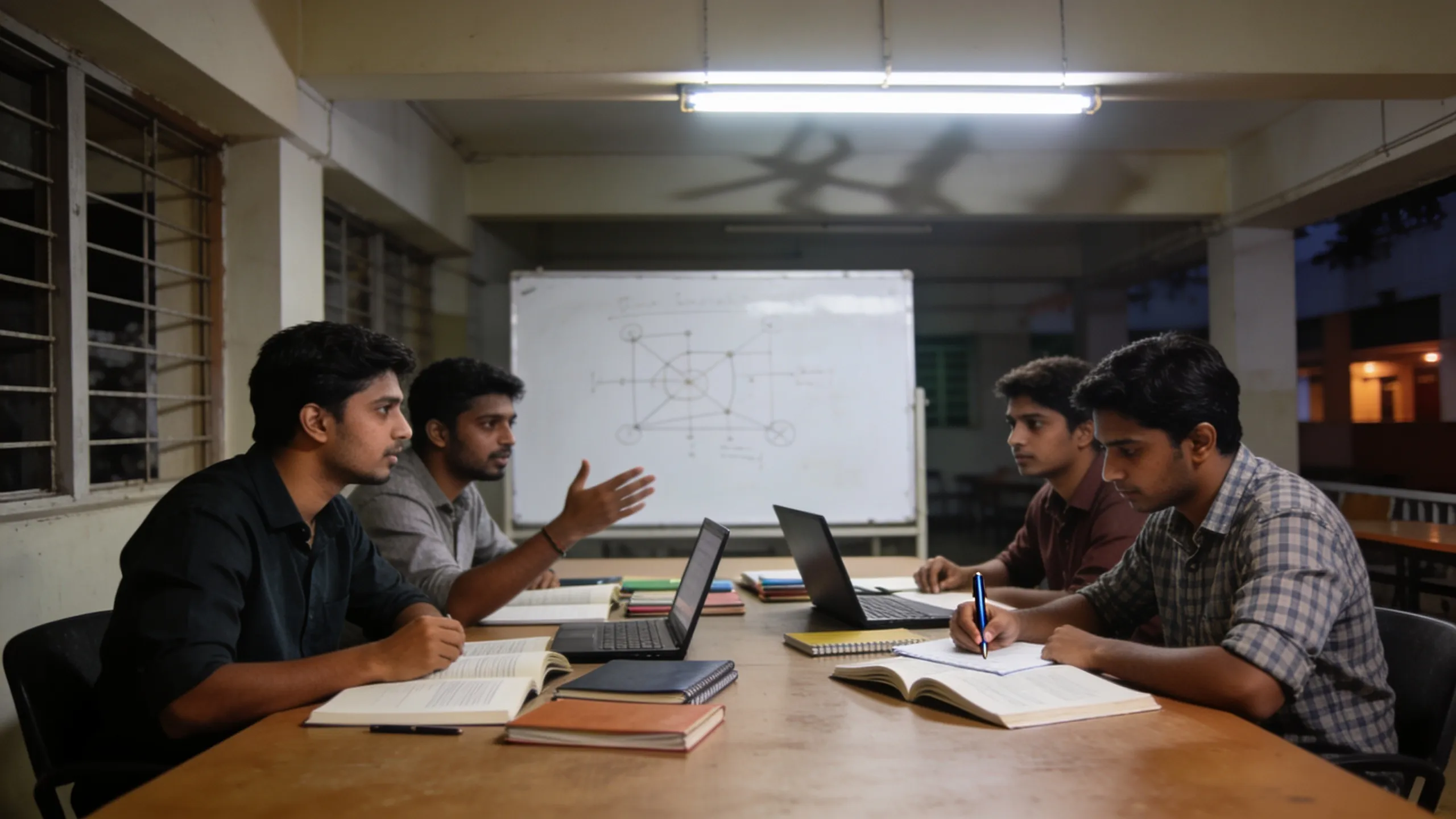 Group of hostel students studying together in common room during exams