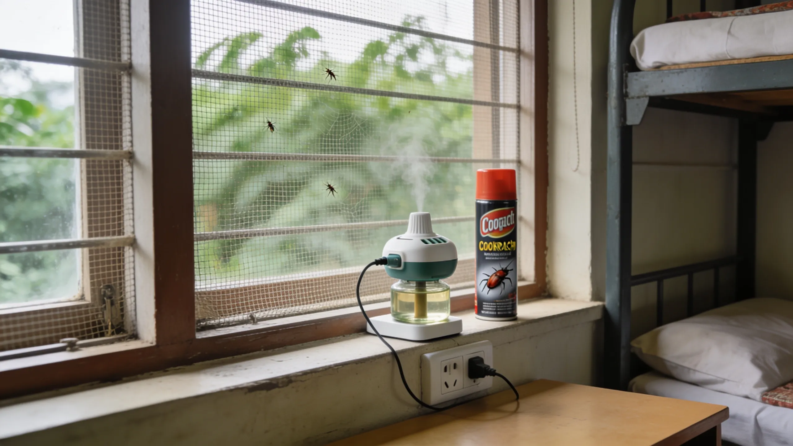 Hostel room window with mosquito mesh and repellent products on the desk