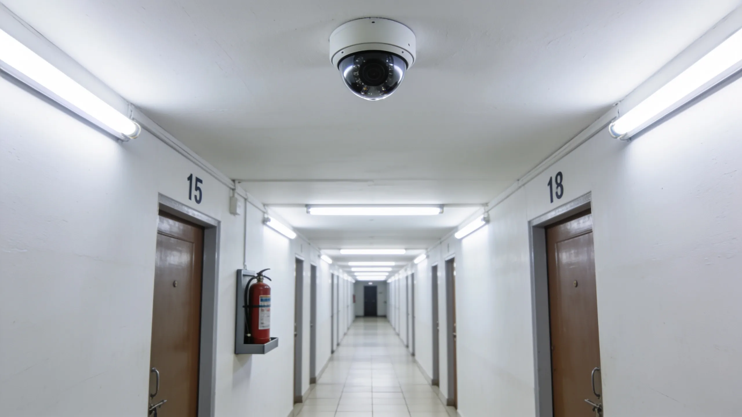 Well-lit corridor with CCTV camera in girls hostel building India