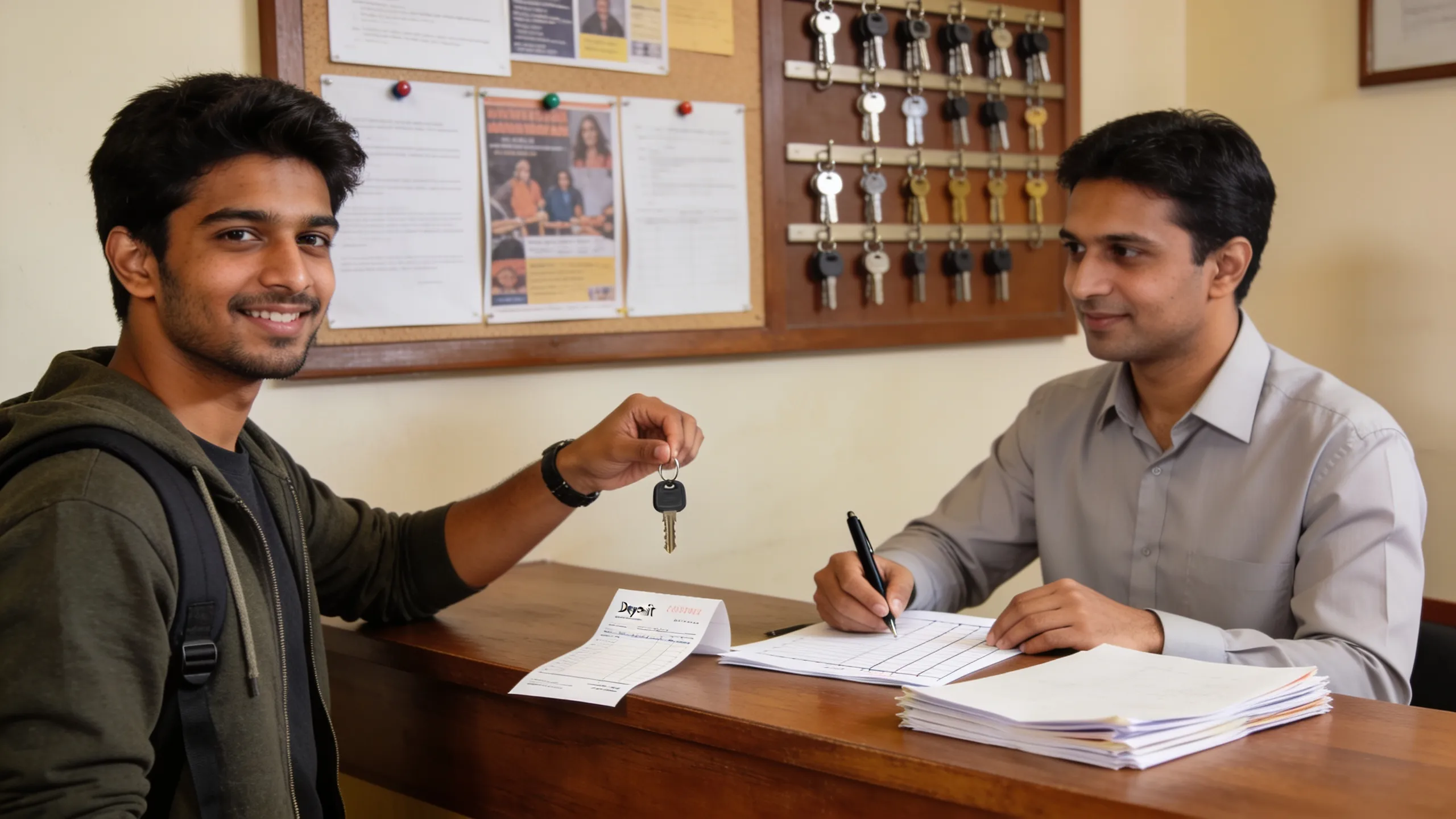 Student handing over hostel room keys to hostel manager