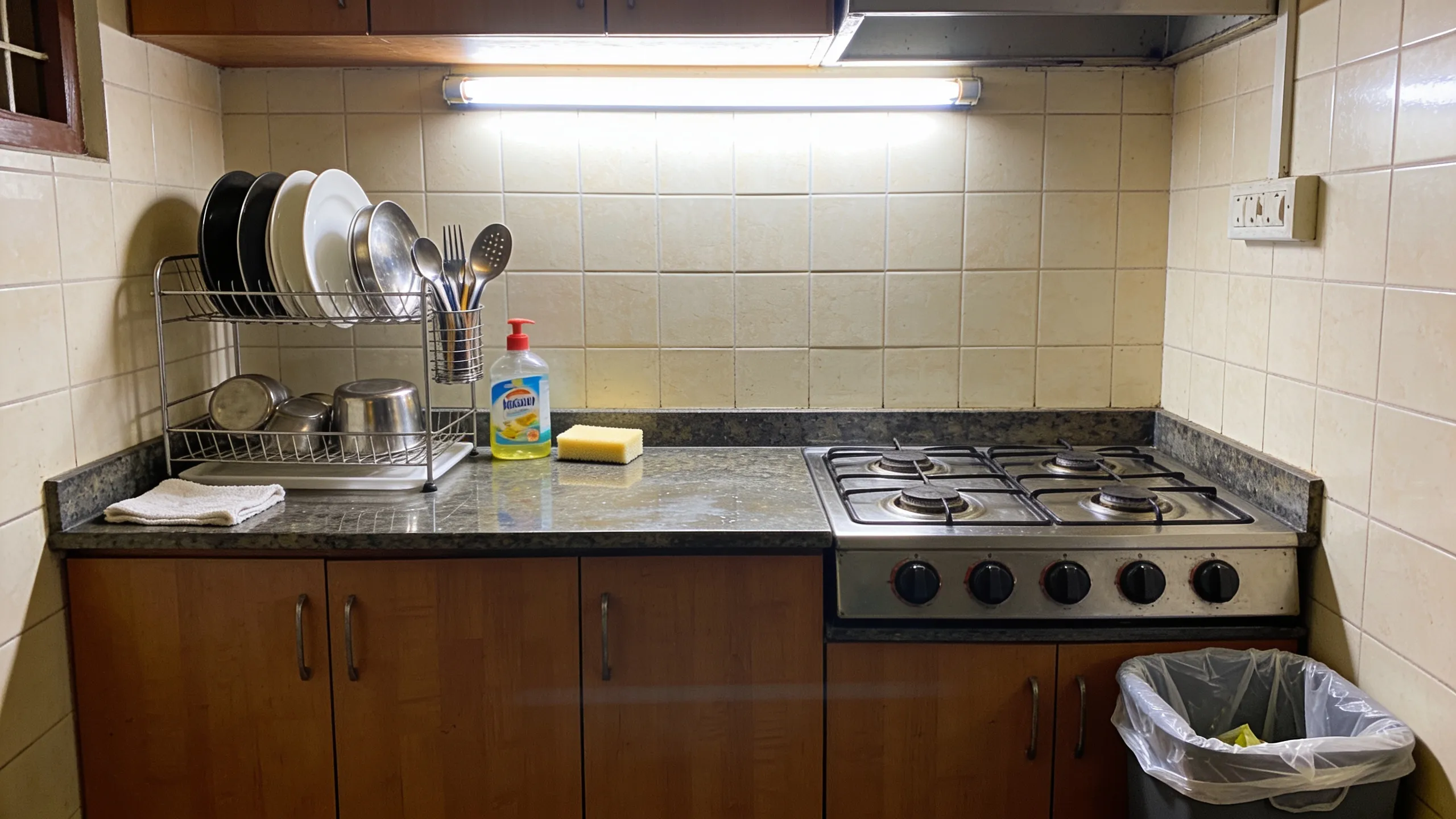 Clean and organized shared hostel kitchen counter after use in India