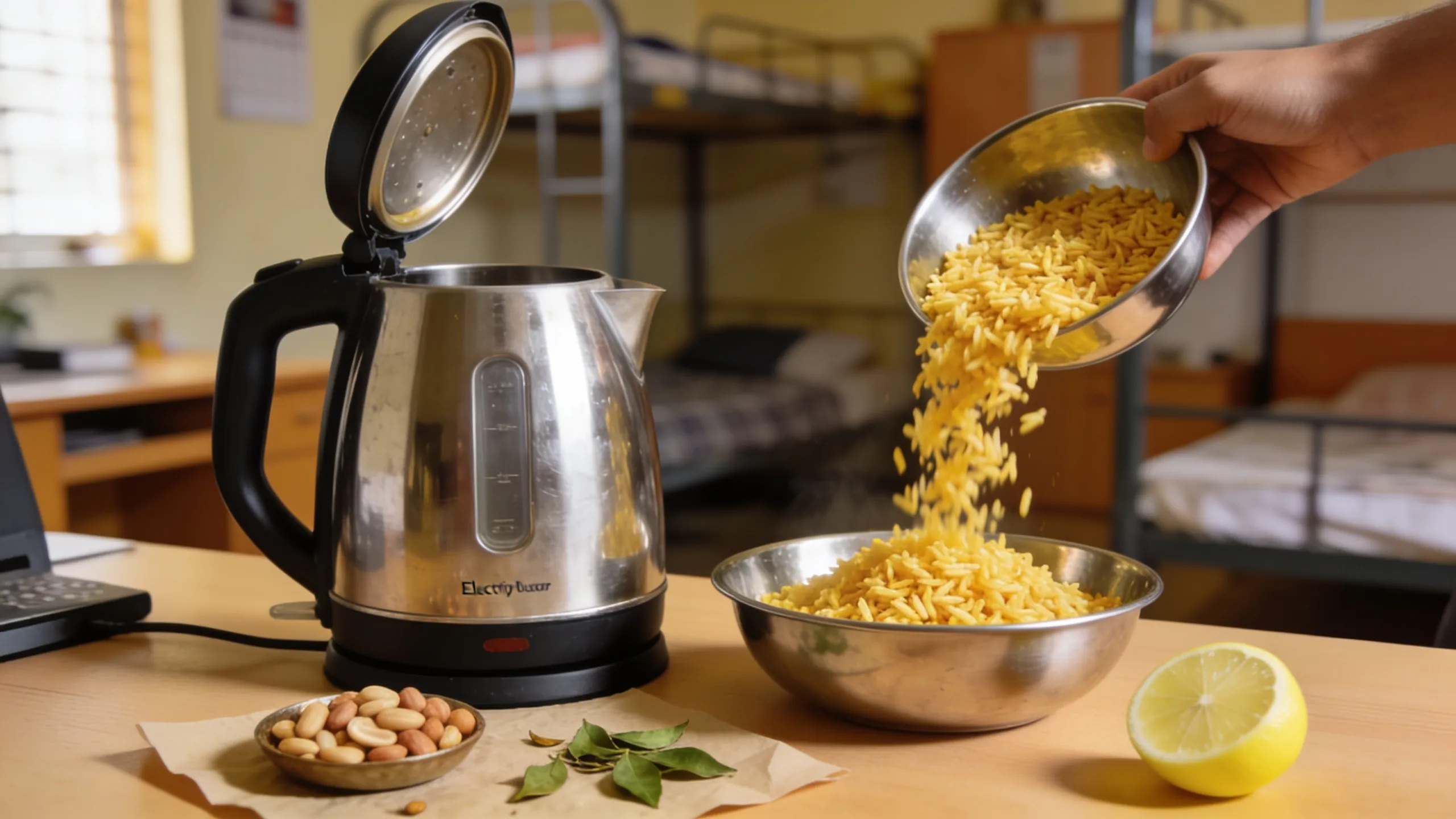 Close-up of poha being made in an electric kettle in a hostel room