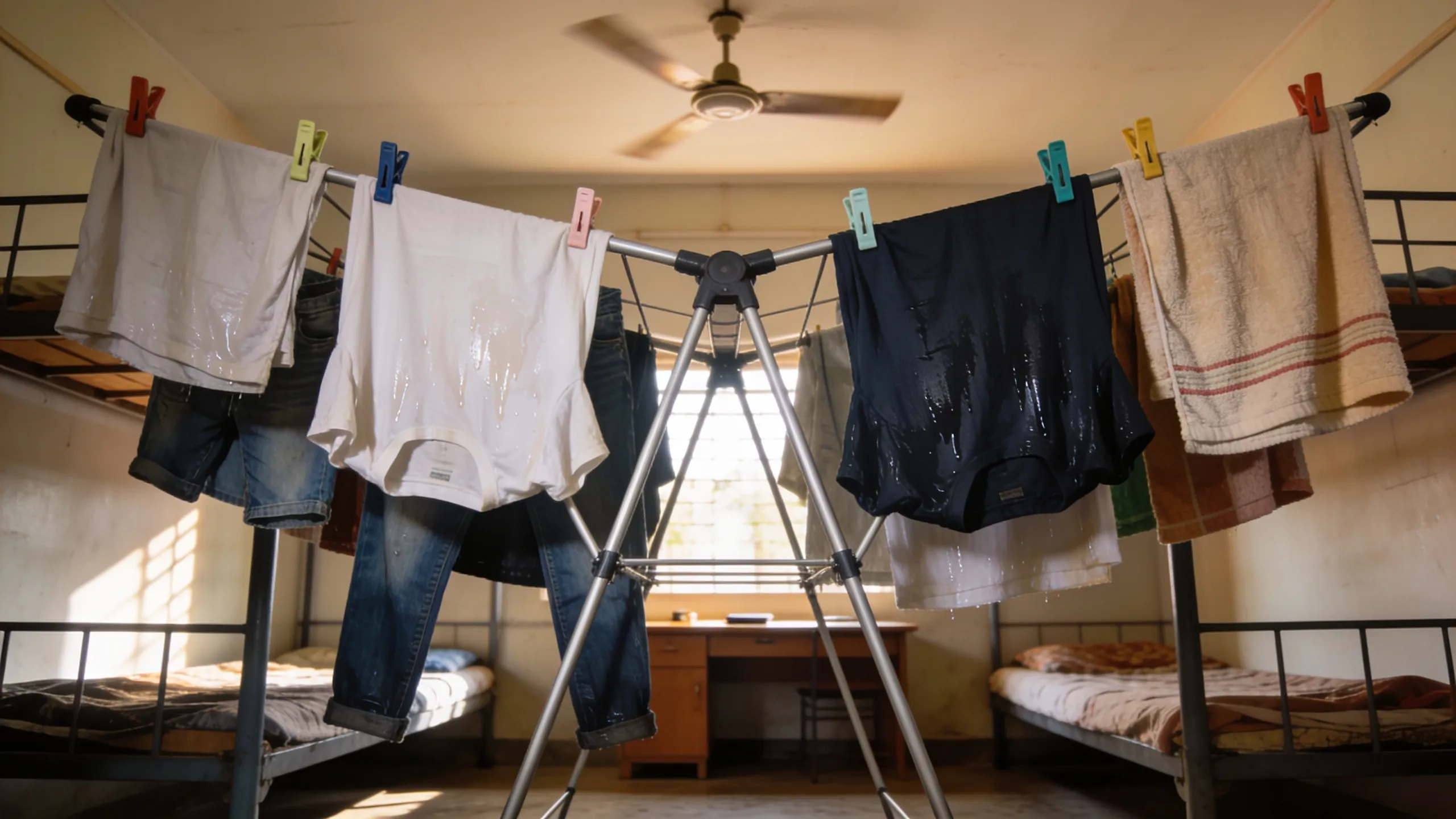 Clothes drying on a portable rack inside a hostel room with ceiling fan running