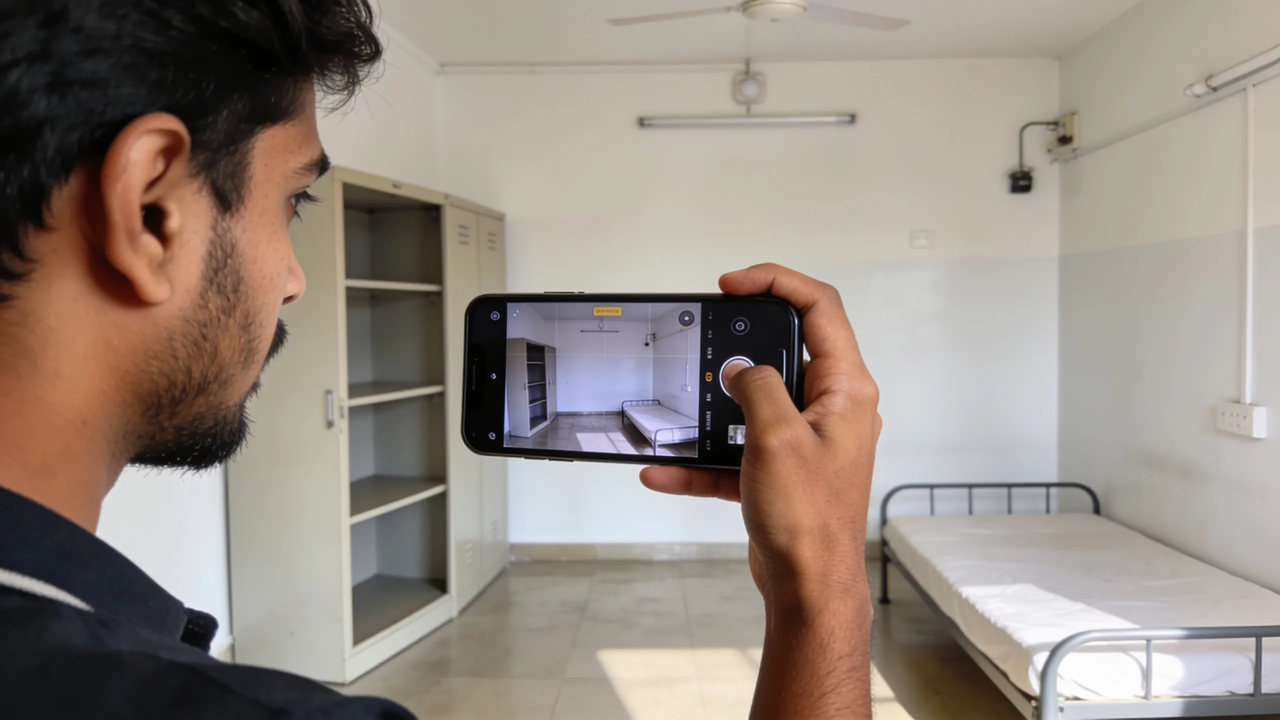 Student recording video walkthrough of hostel room condition on move-in day