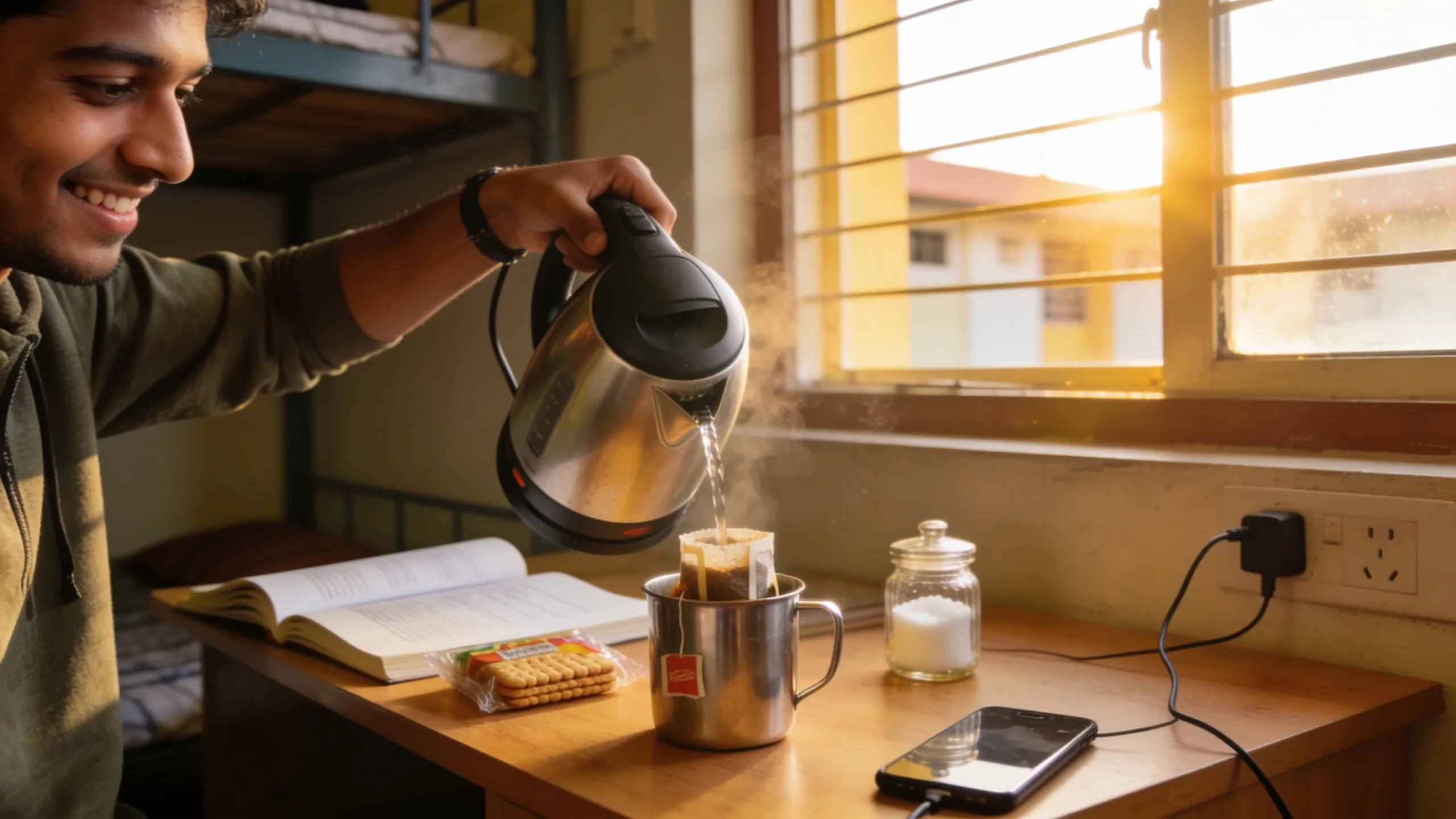 Student making tea with electric kettle in hostel room India