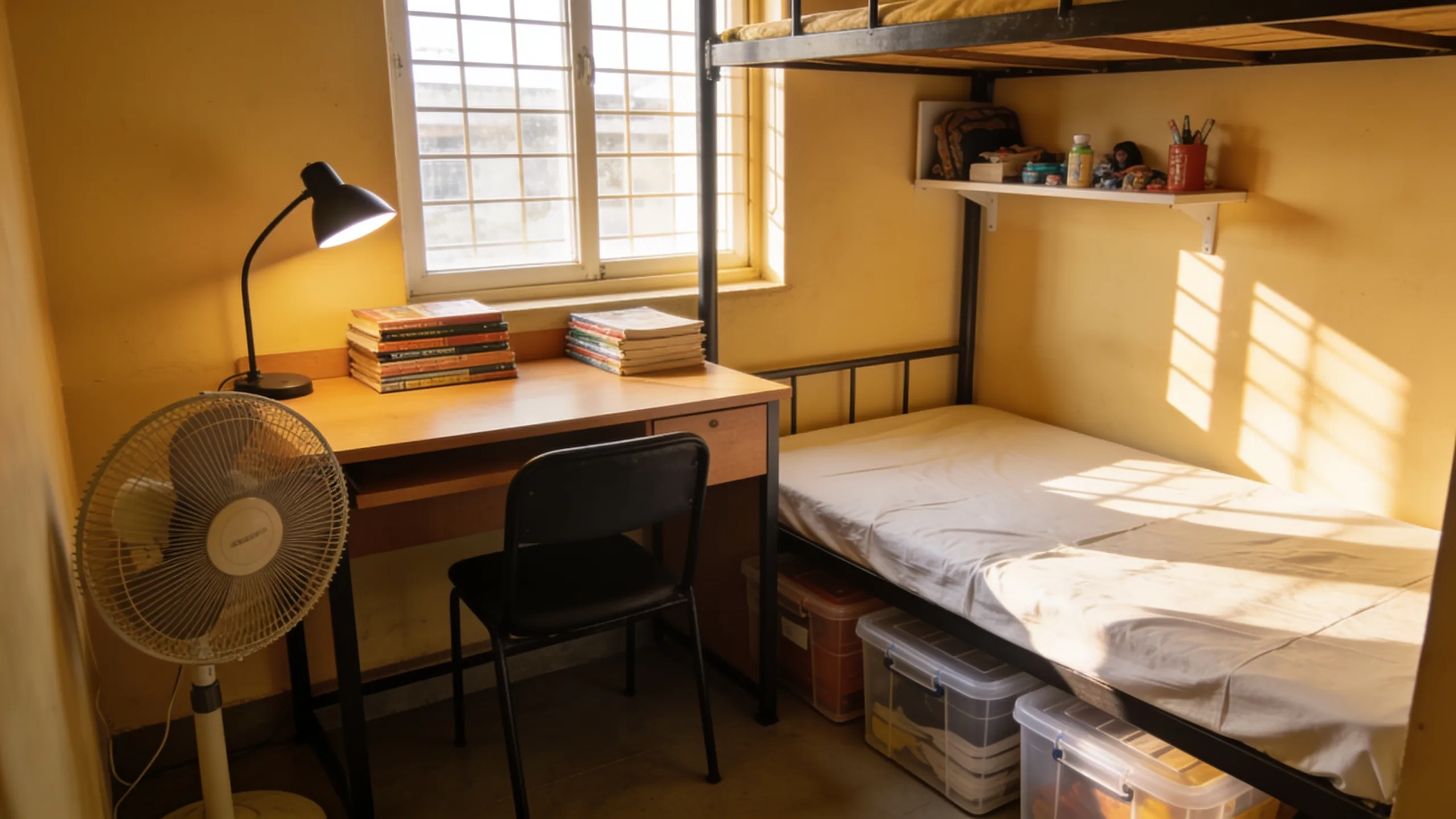Organized hostel room with study desk, fan, and storage boxes in Indian college hostel