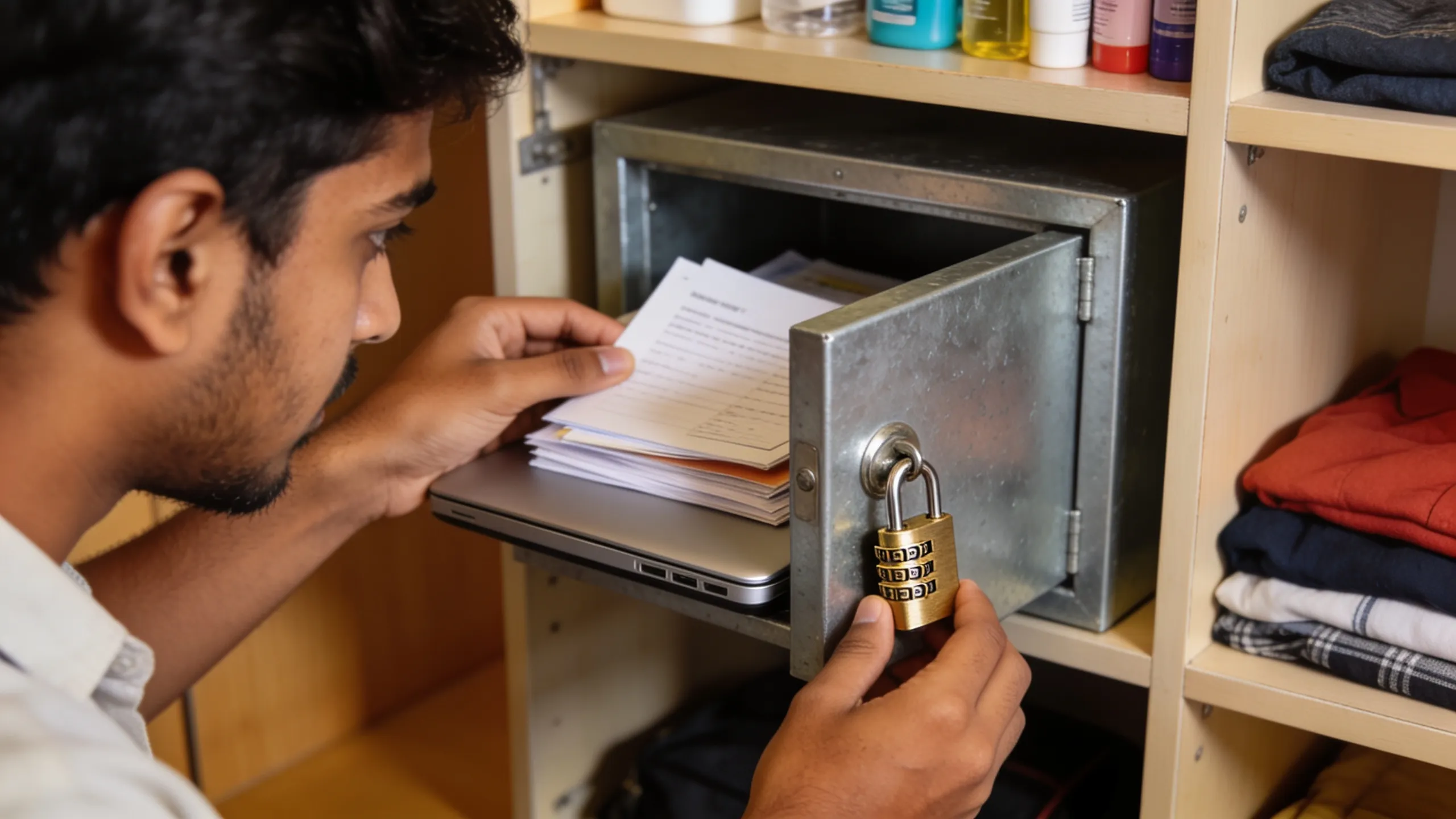 Student organizing personal belongings in locked storage box in hostel room