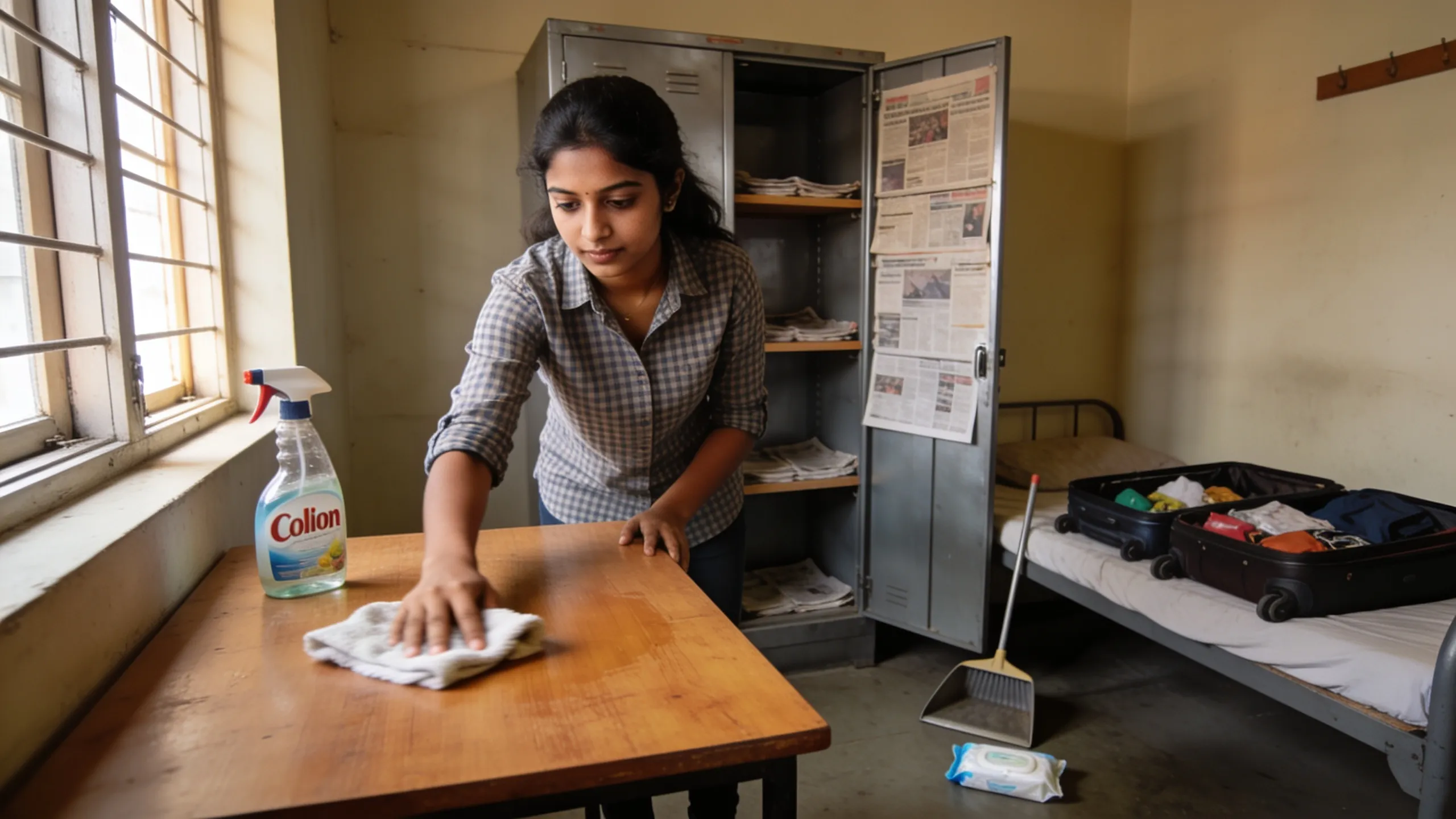 Student cleaning hostel room desk and cupboard shelves with cloth on move-in day