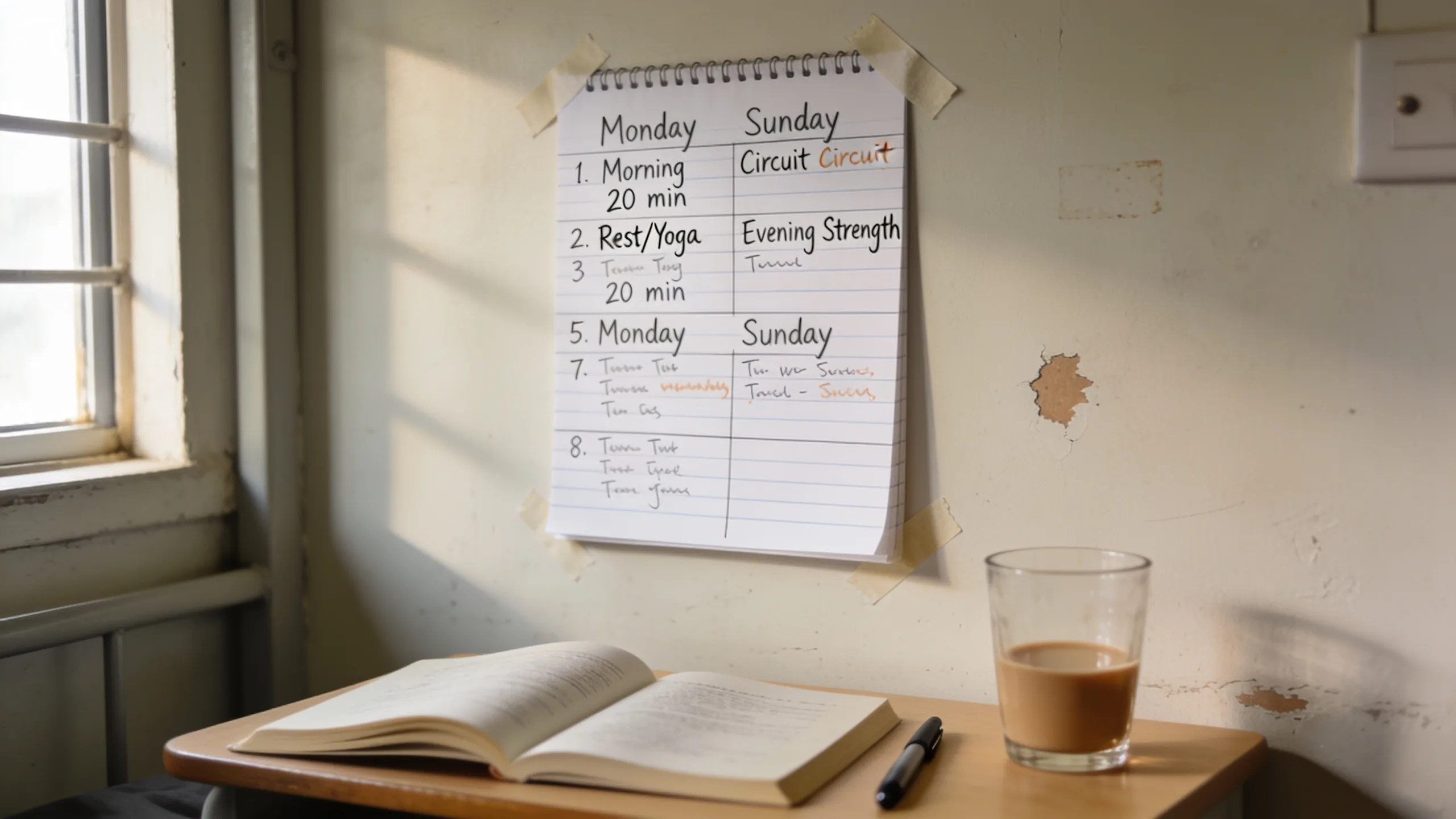 Handwritten weekly workout schedule pinned to hostel room wall above study desk