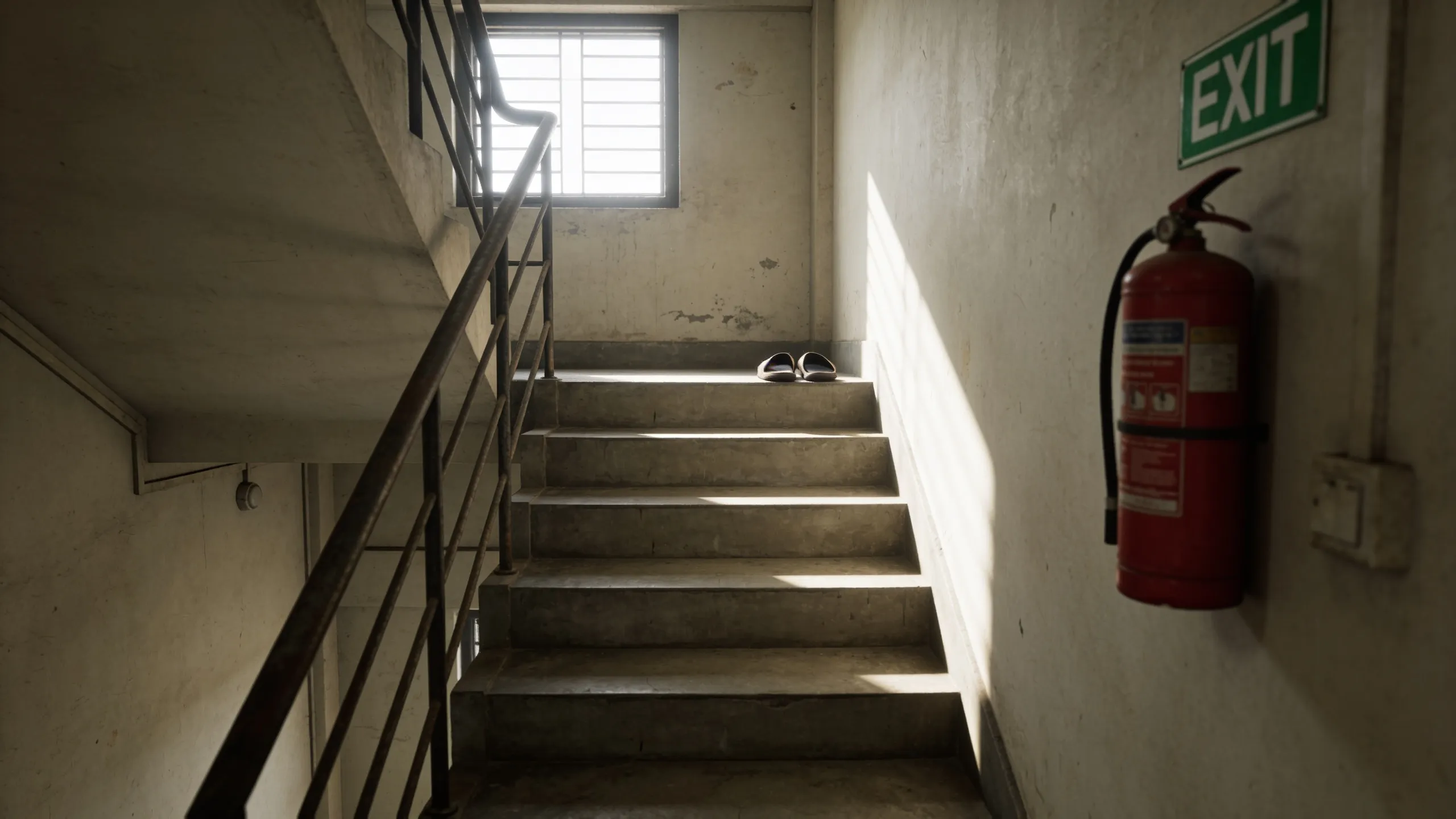 Hostel fire exit staircase with fire extinguisher on wall in Indian building