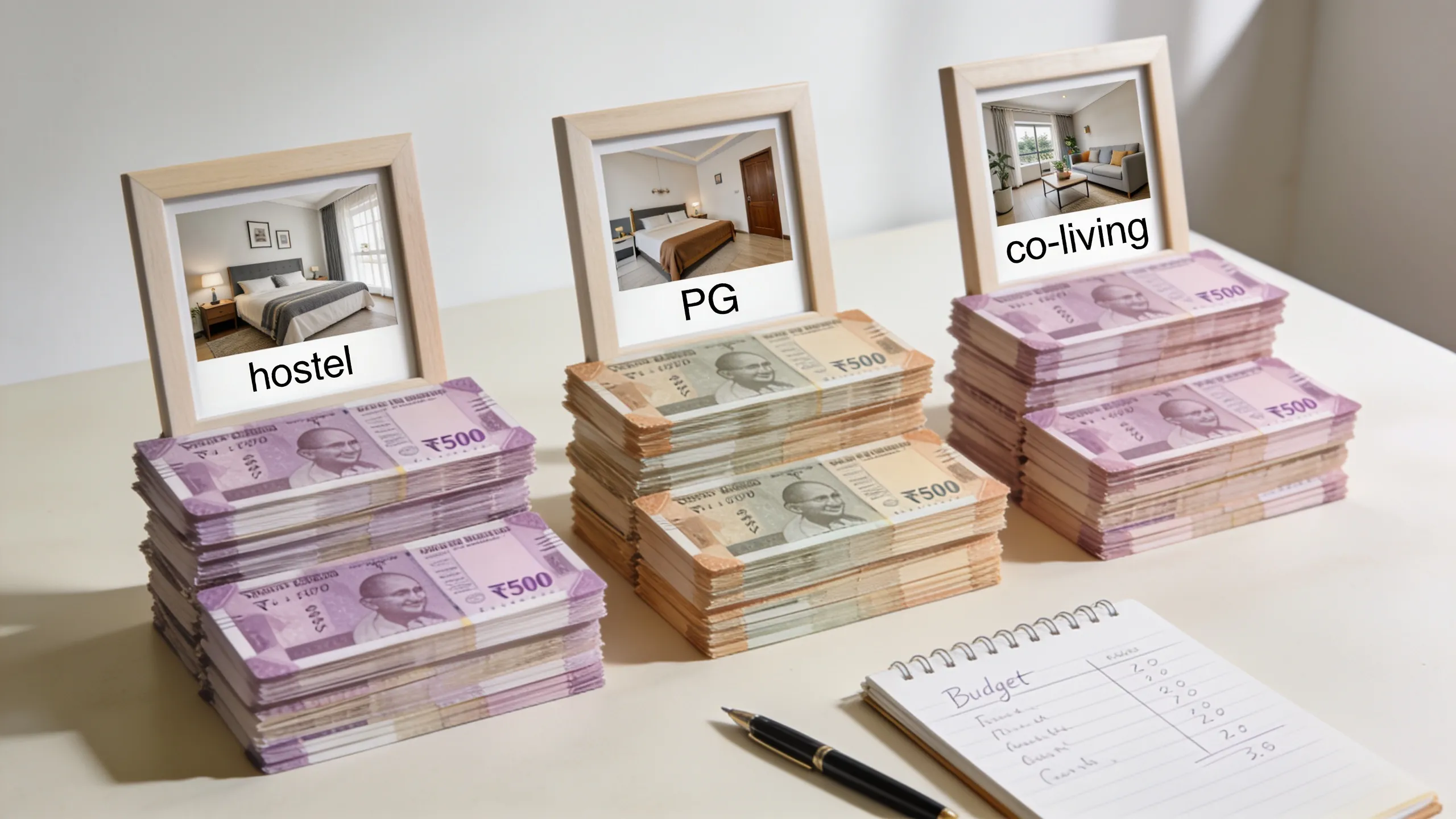 Comparison infographic showing hostel vs PG vs co-living monthly costs across Indian cities