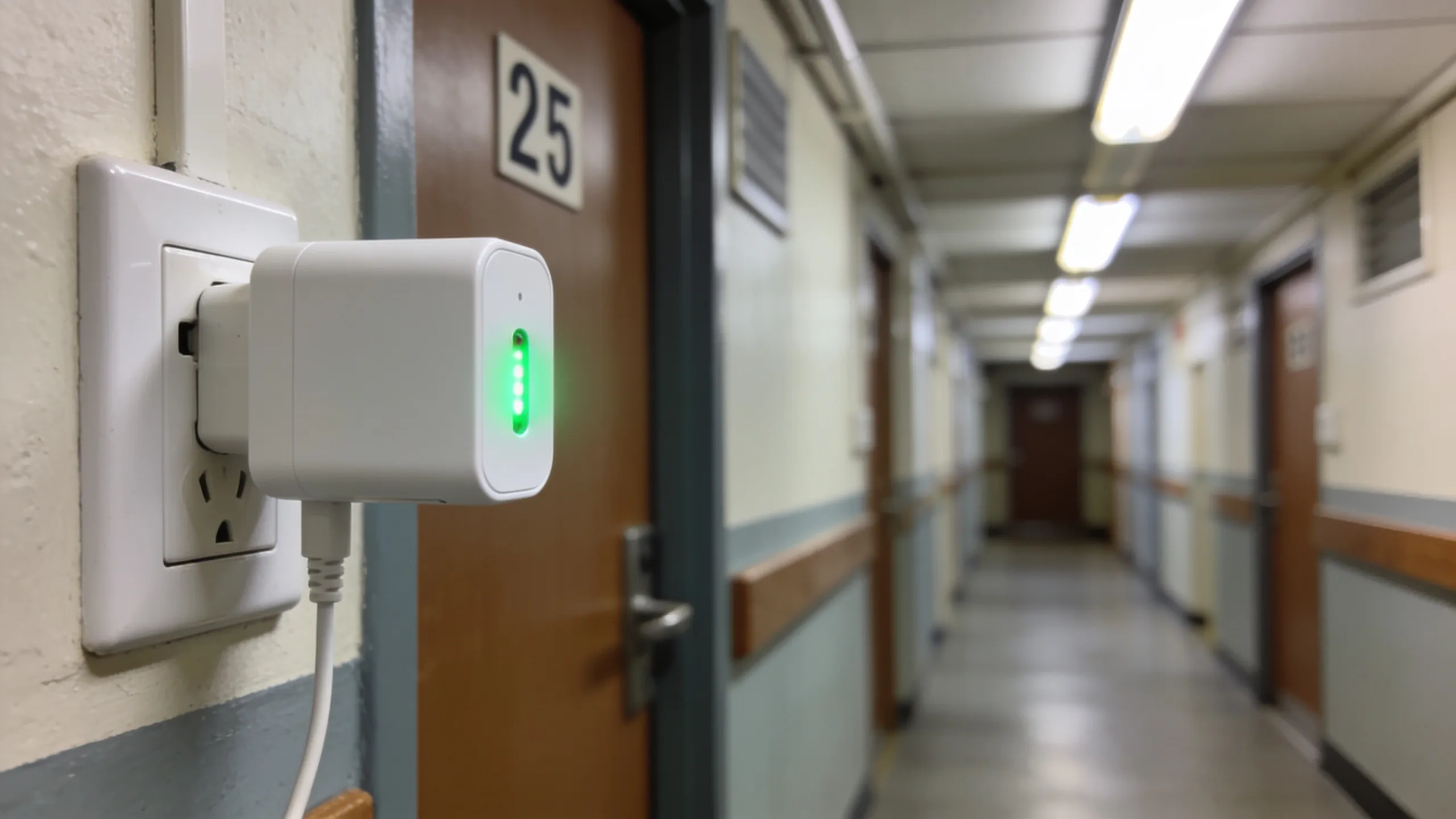 WiFi extender plugged into wall socket in hostel corridor in India