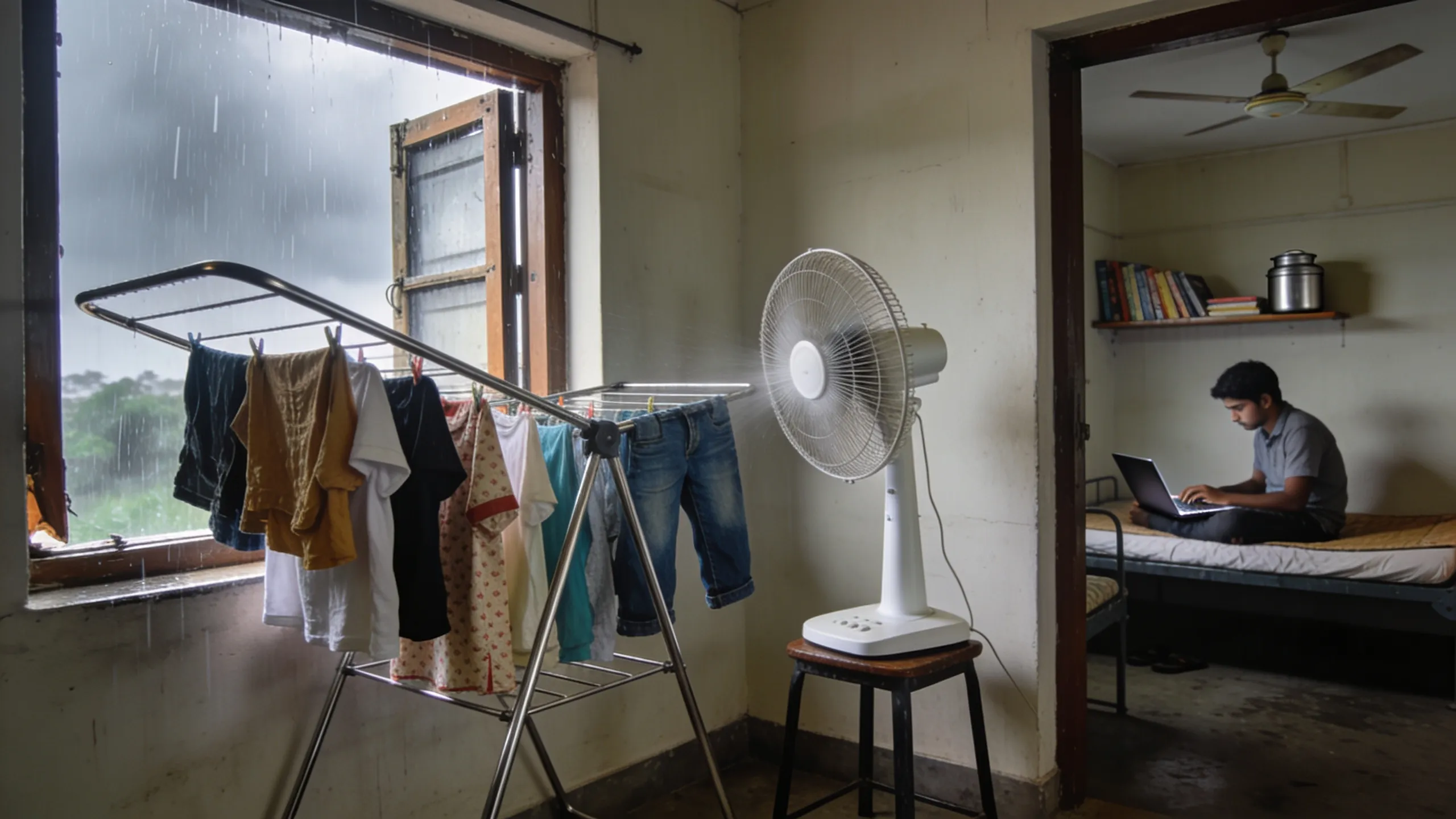 Clothes drying on foldable rack in hostel room with table fan pointed at them during monsoon