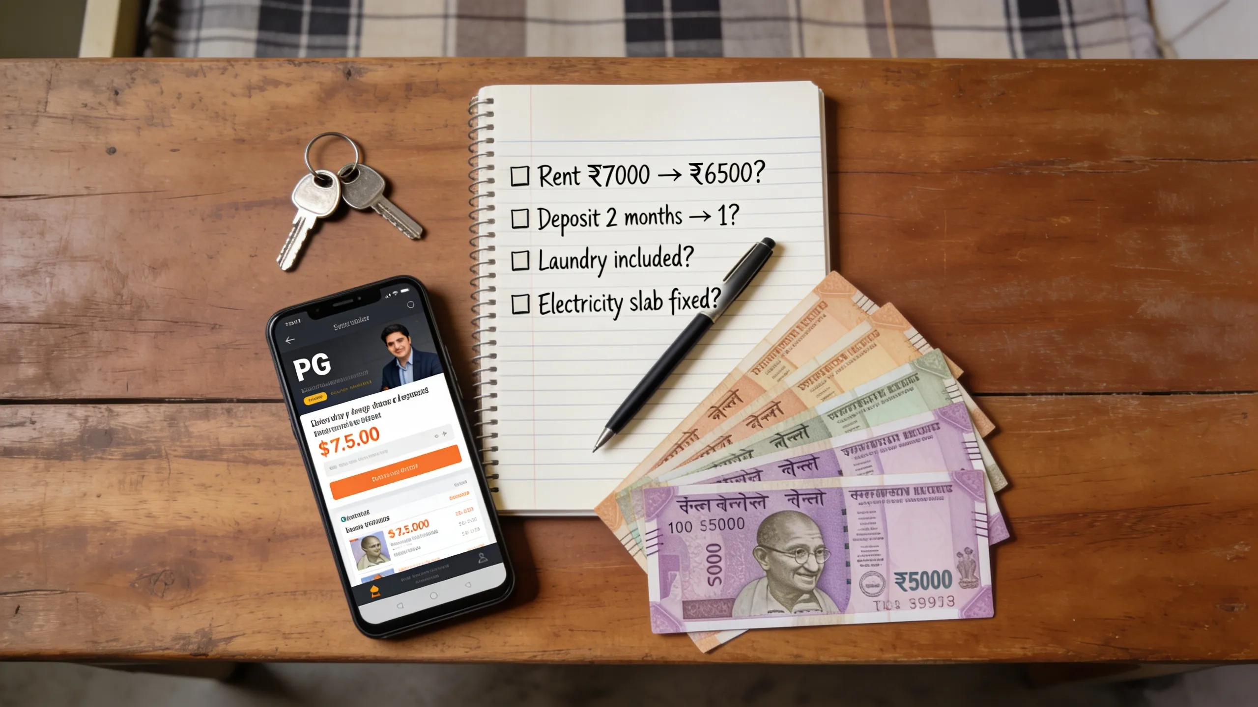PG rent negotiation checklist written on notebook with rupee notes India
