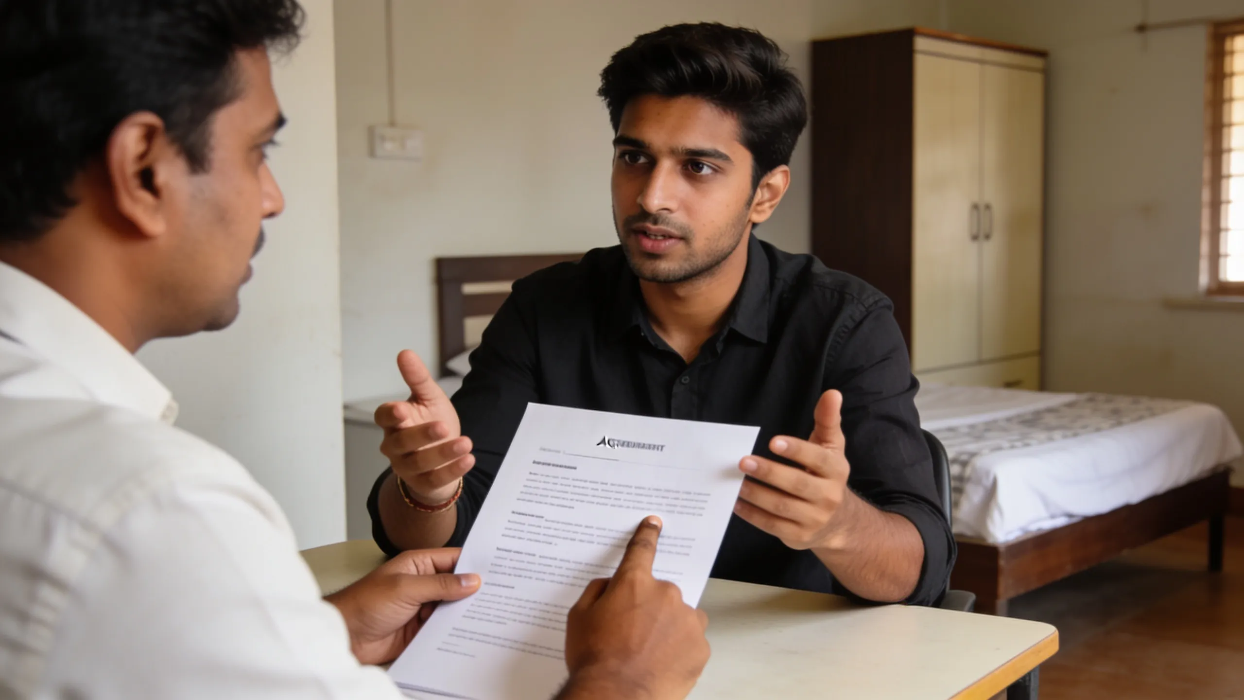 Student asking PG owner about agreement terms during room visit in India