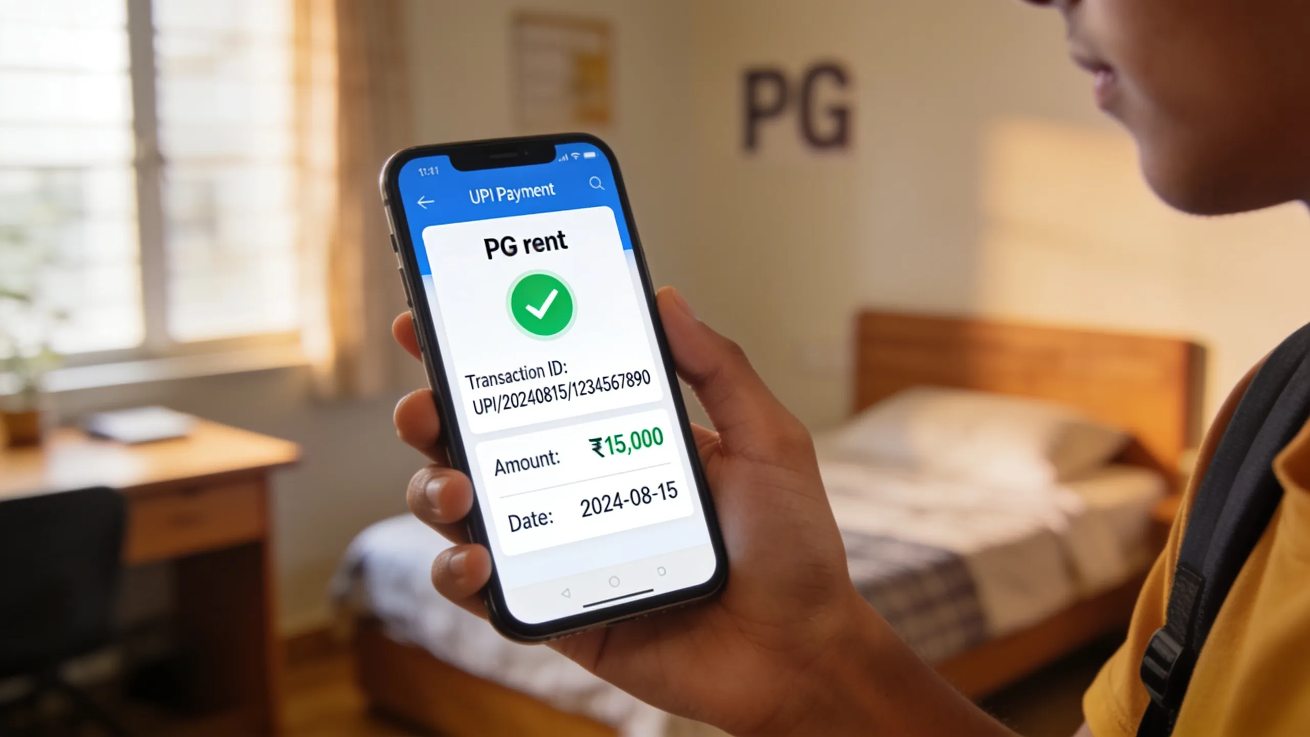Digital payment receipt on phone screen showing PG rent transaction via UPI